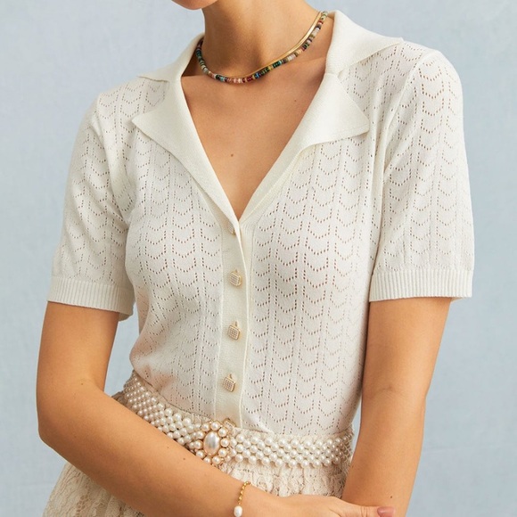 Rihoas The White Collared Pointelle Knit Top